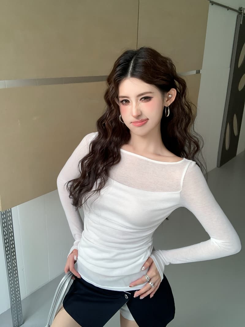실사 정가 봄 순수한 욕망 패치워크 흔들다 칼라 페이크 레이어드 긴팔 티셔츠 빛 ~을 통해 디자인 센스 몸매 가꾸기 슬림해 보이는 맨위 상세 이미지 2