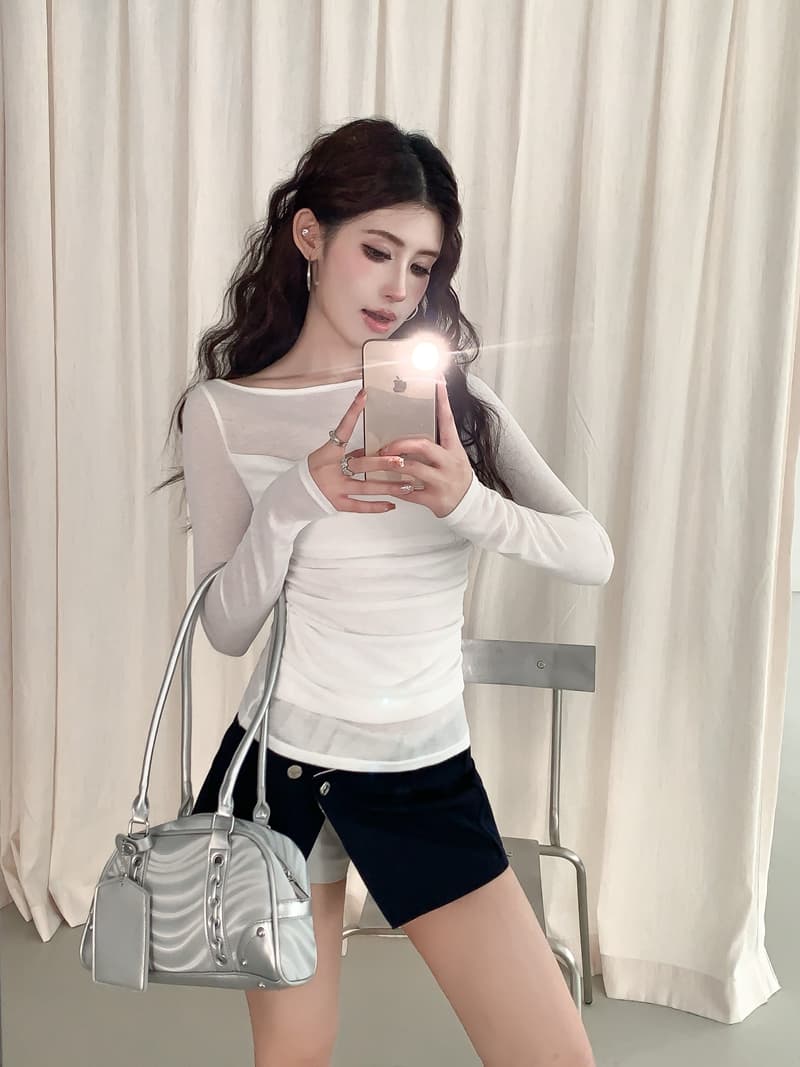 실사 정가 봄 순수한 욕망 패치워크 흔들다 칼라 페이크 레이어드 긴팔 티셔츠 빛 ~을 통해 디자인 센스 몸매 가꾸기 슬림해 보이는 맨위 상세 이미지 3