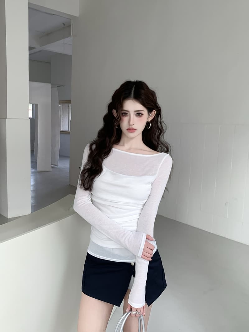 실사 정가 봄 순수한 욕망 패치워크 흔들다 칼라 페이크 레이어드 긴팔 티셔츠 빛 ~을 통해 디자인 센스 몸매 가꾸기 슬림해 보이는 맨위 상세 이미지 4
