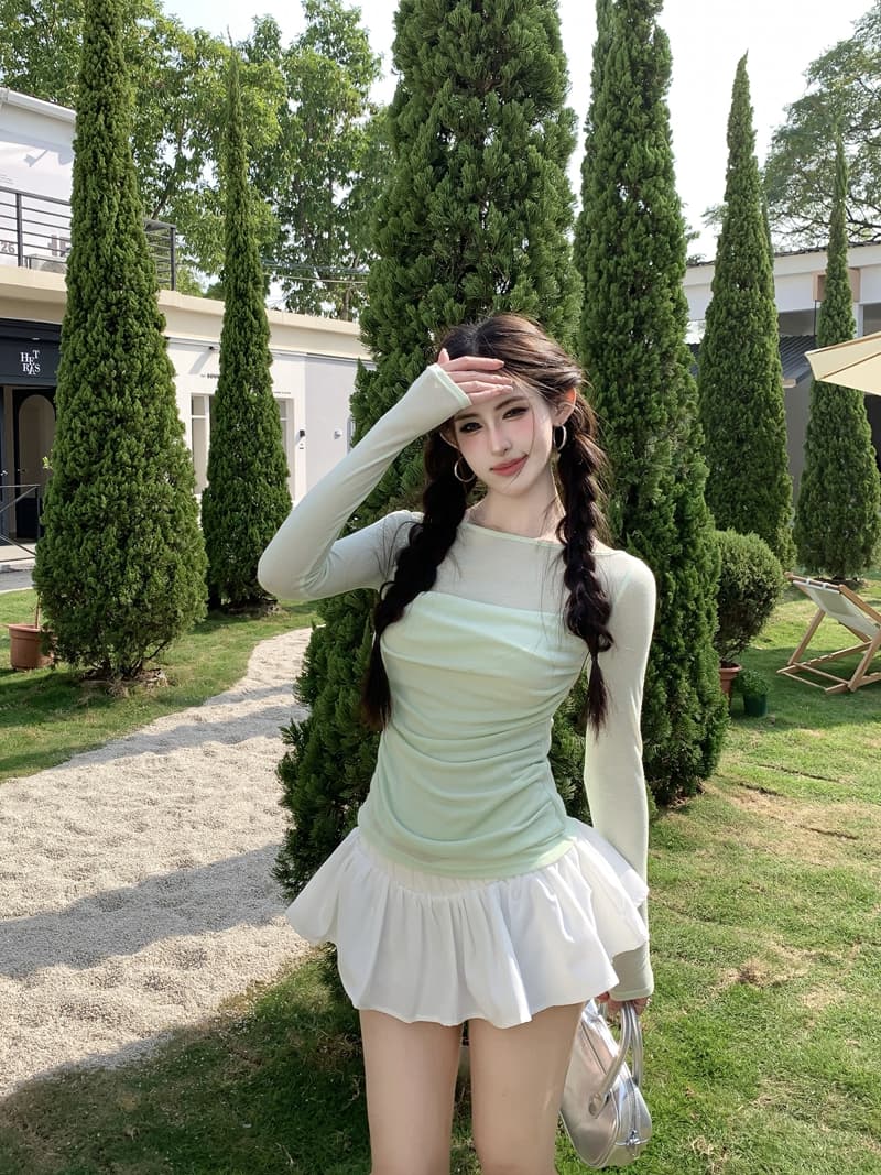 실사 정가 봄 순수한 욕망 패치워크 흔들다 칼라 페이크 레이어드 긴팔 티셔츠 빛 ~을 통해 디자인 센스 몸매 가꾸기 슬림해 보이는 맨위 상세 이미지 7