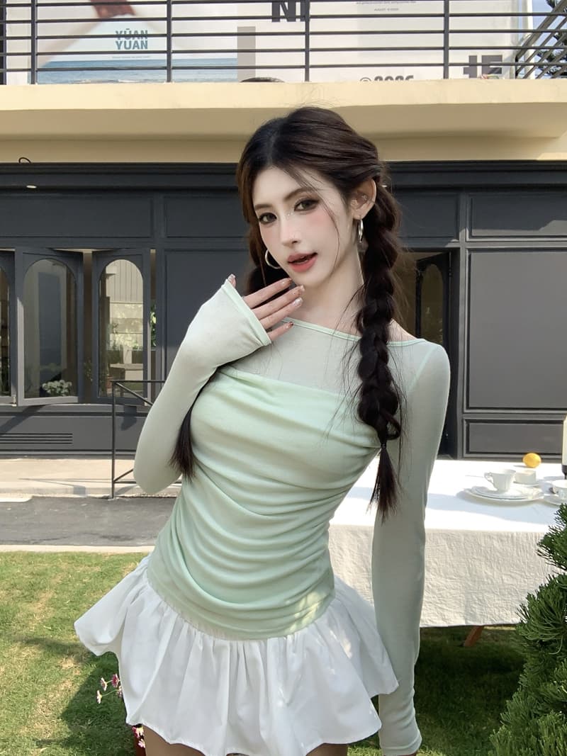 실사 정가 봄 순수한 욕망 패치워크 흔들다 칼라 페이크 레이어드 긴팔 티셔츠 빛 ~을 통해 디자인 센스 몸매 가꾸기 슬림해 보이는 맨위 상세 이미지 8