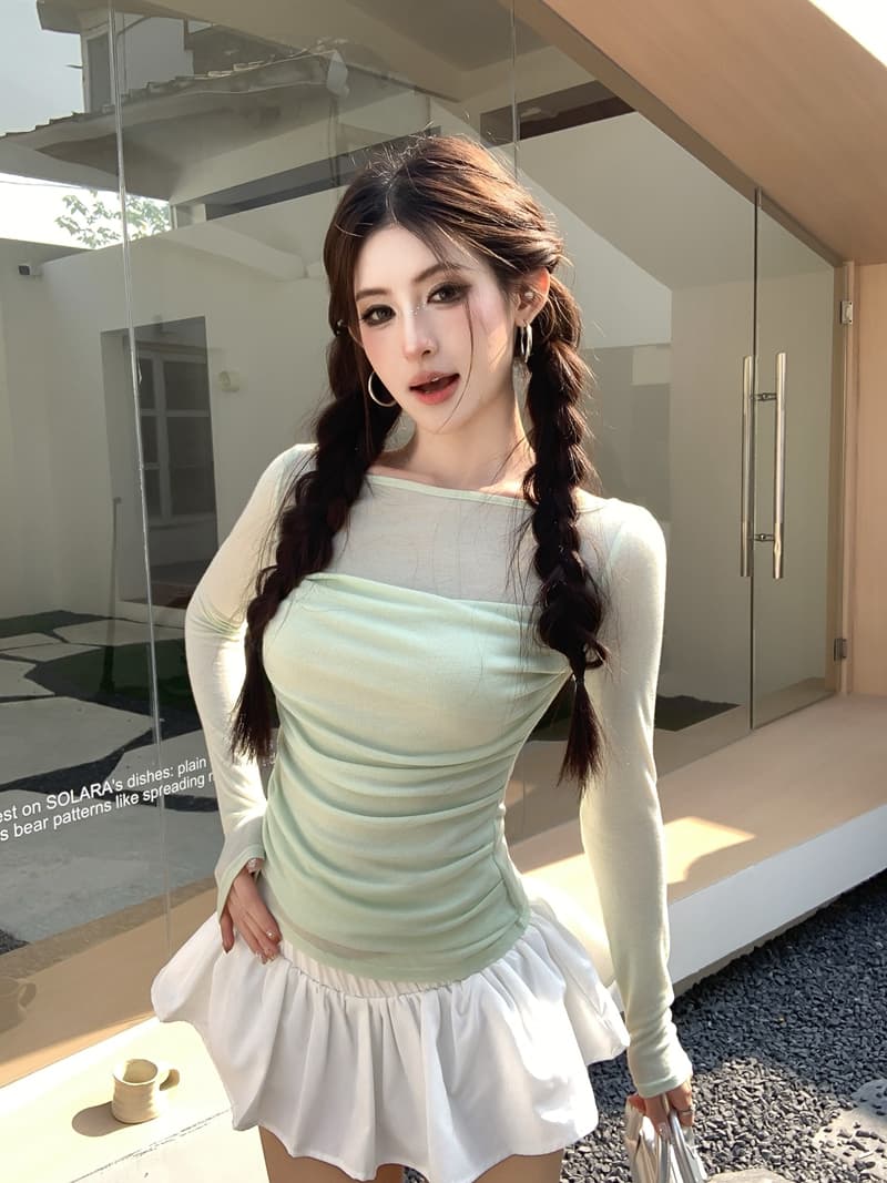 실사 정가 봄 순수한 욕망 패치워크 흔들다 칼라 페이크 레이어드 긴팔 티셔츠 빛 ~을 통해 디자인 센스 몸매 가꾸기 슬림해 보이는 맨위 상세 이미지 12