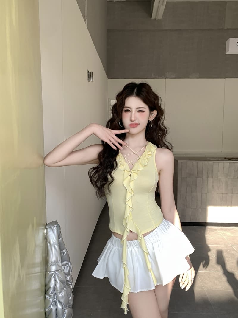 실사 정가 봄 핫걸 술 불규칙 리본 조끼 여성 V넥 스트랩 연꽃 잎 몸매 가꾸기 슬림해 보이는 맨위 상세 이미지 8
