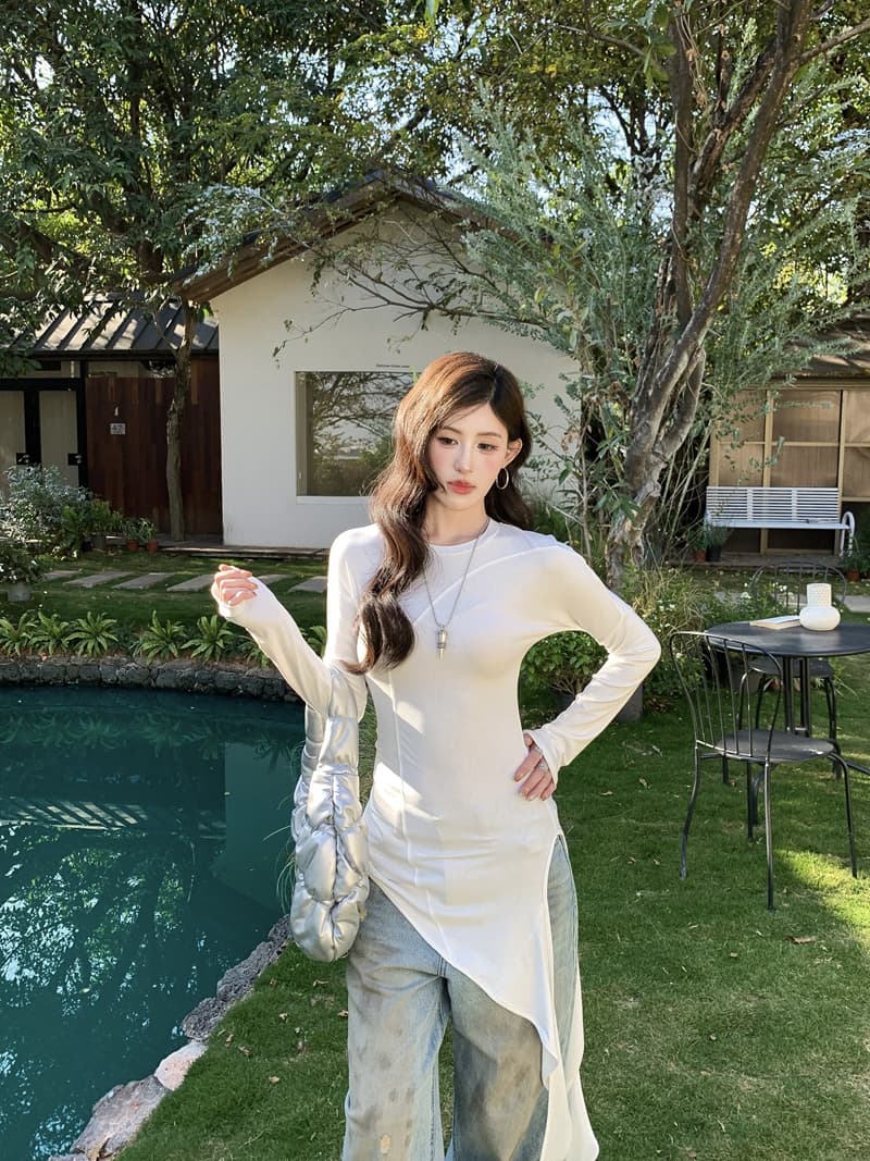 실사 정가 봄 레트로 핫걸 비대칭 리본 디자인 중간 길이 긴팔 티셔츠 몸매 가꾸기 슬림해 보이는 맨위 상세 이미지 6