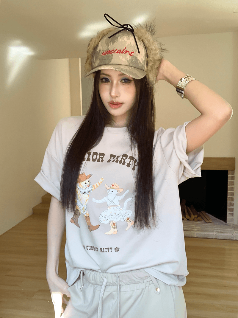 실사 정가 여름 재미있는 춤추기 새끼 고양이 프린트 알파벳 라운드 넥 다용도 반팔 루즈핏 마 오래된 티셔츠 맨위 상세 이미지 1