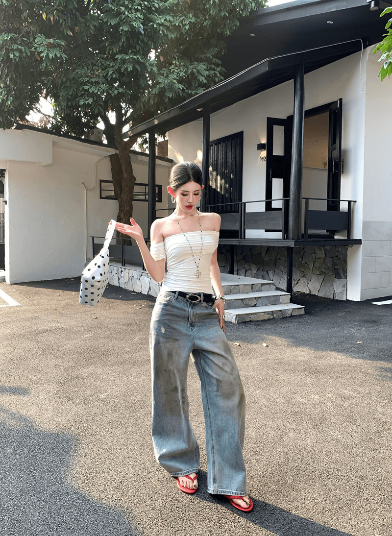 실사 정가 여름 순수한 욕망 핫걸 비스듬한 어깨 주름 보트넥 비틀림 비대칭 튜브탑 몸매 가꾸기 슬림해 보이는 맨위 상세 이미지 4