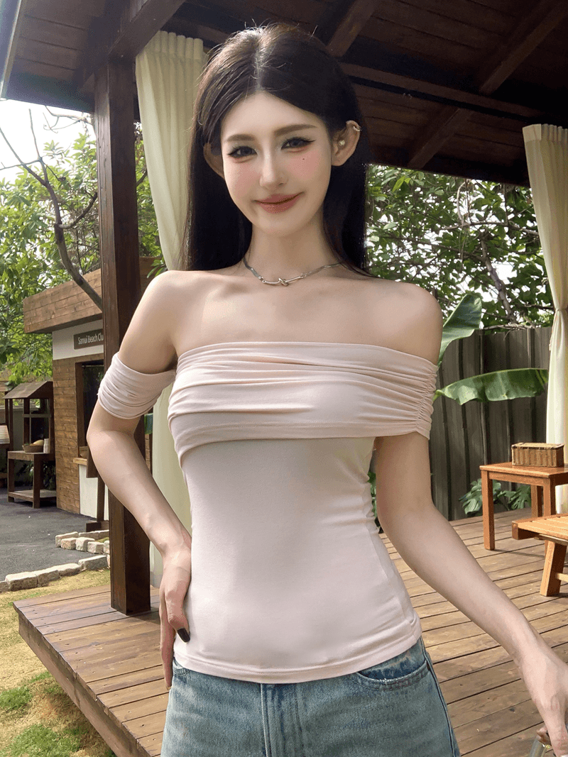 실사 정가 여름 순수한 욕망 핫걸 비스듬한 어깨 주름 보트넥 비틀림 비대칭 튜브탑 몸매 가꾸기 슬림해 보이는 맨위 상세 이미지 12