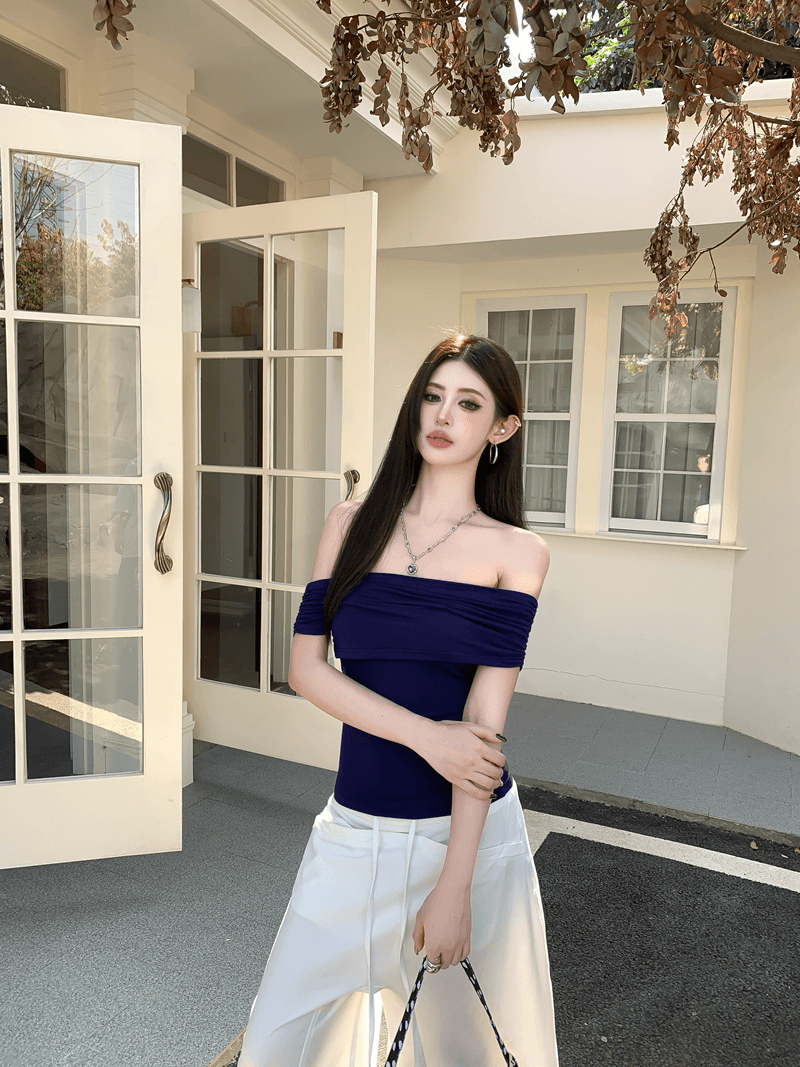 실사 정가 여름 순수한 욕망 핫걸 비스듬한 어깨 주름 보트넥 비틀림 비대칭 튜브탑 몸매 가꾸기 슬림해 보이는 맨위 상세 이미지 22
