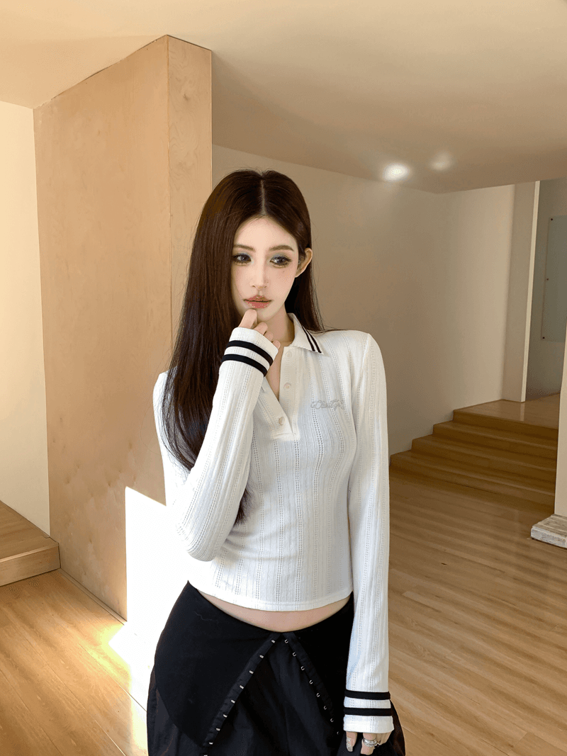 실사 정가 아니요 바겐 세일 학원 스타일 폴로 칼라 스트라이프 홀로우 아웃 자수 긴팔 몸매 가꾸기 슬림해 보이는 만나는 니트 스웨터 이미지 5