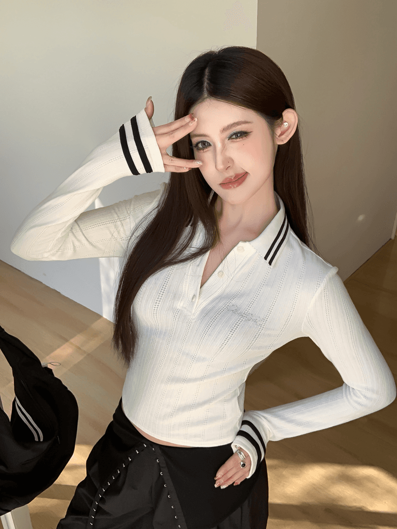 실사 정가 아니요 바겐 세일 학원 스타일 폴로 칼라 스트라이프 홀로우 아웃 자수 긴팔 몸매 가꾸기 슬림해 보이는 만나는 니트 스웨터 상세 이미지 1