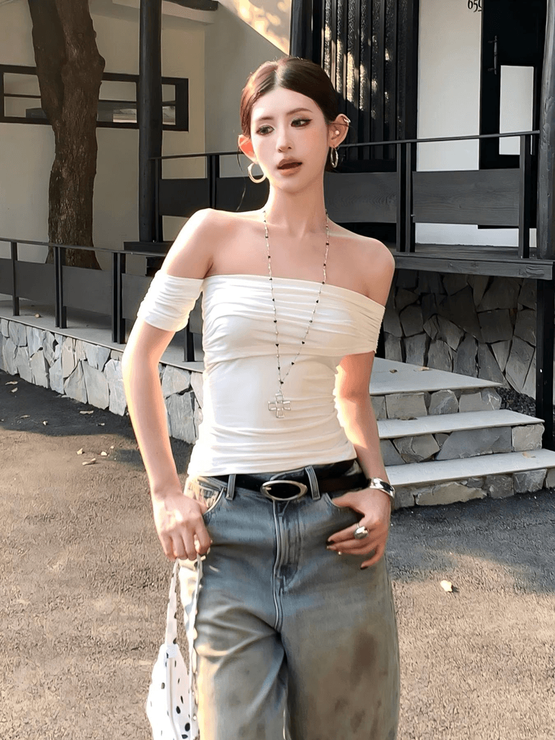 실사 정가 여름 순수한 욕망 핫걸 비스듬한 어깨 주름 보트넥 비틀림 비대칭 튜브탑 몸매 가꾸기 슬림해 보이는 맨위 이미지 5
