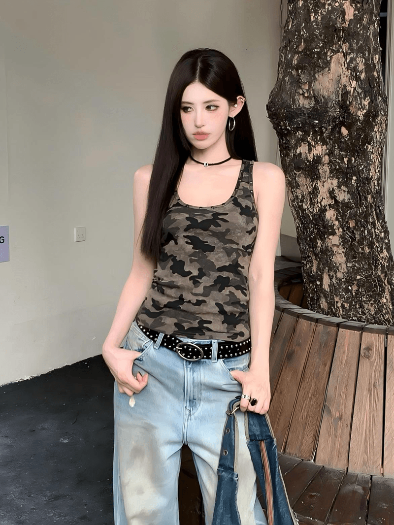 실사 정가 여름 아메리칸 핫걸 금속 징 카모플라주 프린트 u 칼라 몸매 가꾸기 슬림해 보이는 단어 캐미솔 상세 이미지 1