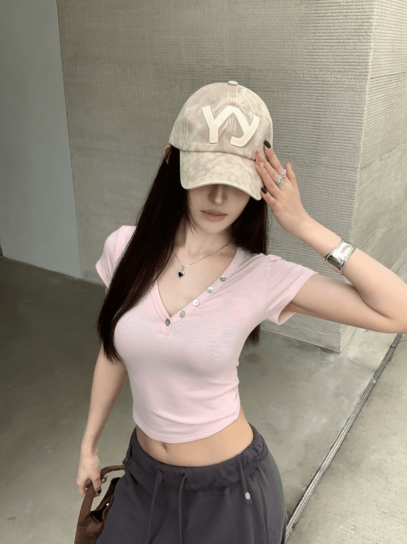 실사 정가 여름 아메리칸 핫걸 긍정적 인 어깨 V넥 이슬 뼈의 조개 버클 몸매 가꾸기 슬림해 보이는 반팔 쇼트 스타일 맨위 티셔츠 상세 이미지 26