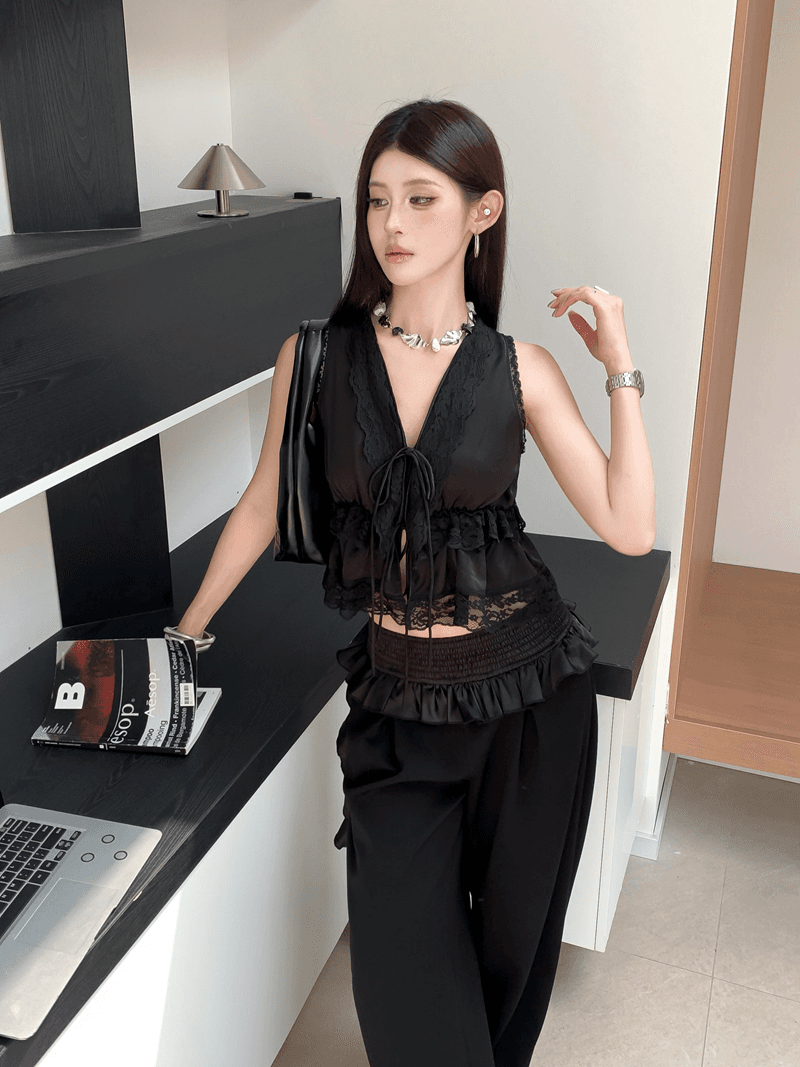 실사 정가 여름 핫걸 무거운 작업 레이스 레이스 깊은 v 레이스업 허리 수축 민소매 조끼 레트로 고급 맨위 상세 이미지 3