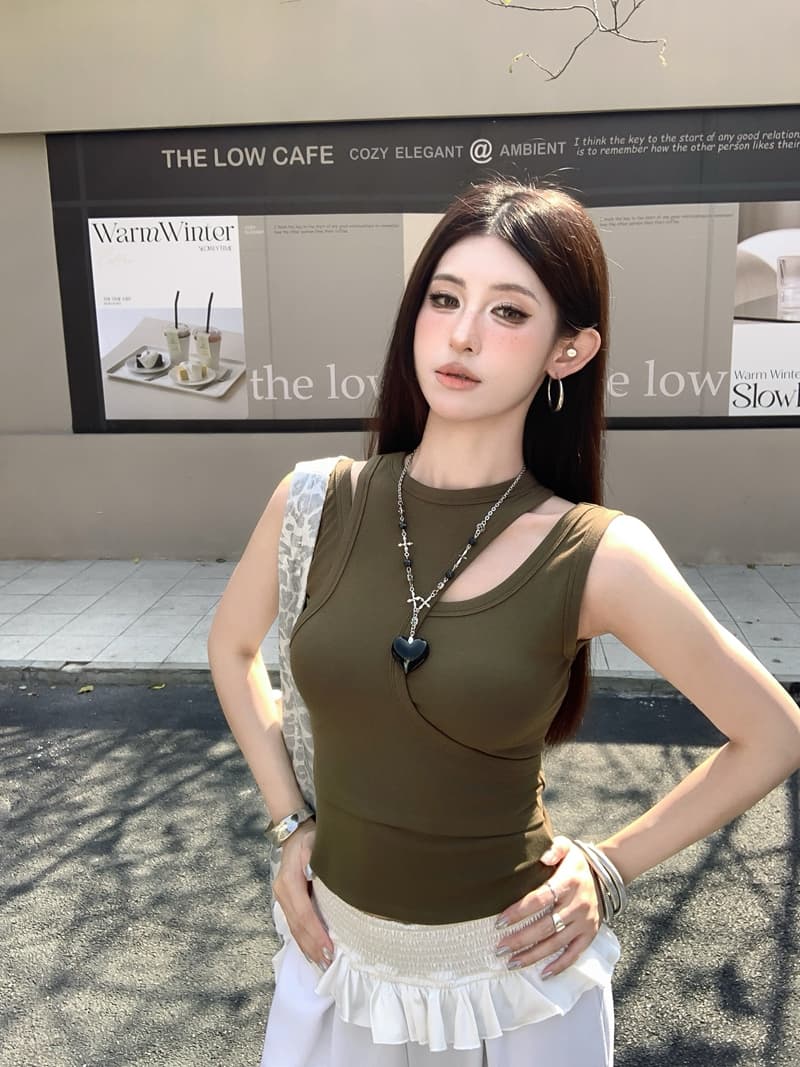 실사 정가 여름 핫걸 불규칙 페이크 레이어드 홀로우 아웃 조끼 디자인 센스 몸매 가꾸기 슬림해 보이는 쇼트 스타일 맨위 상세 이미지 2