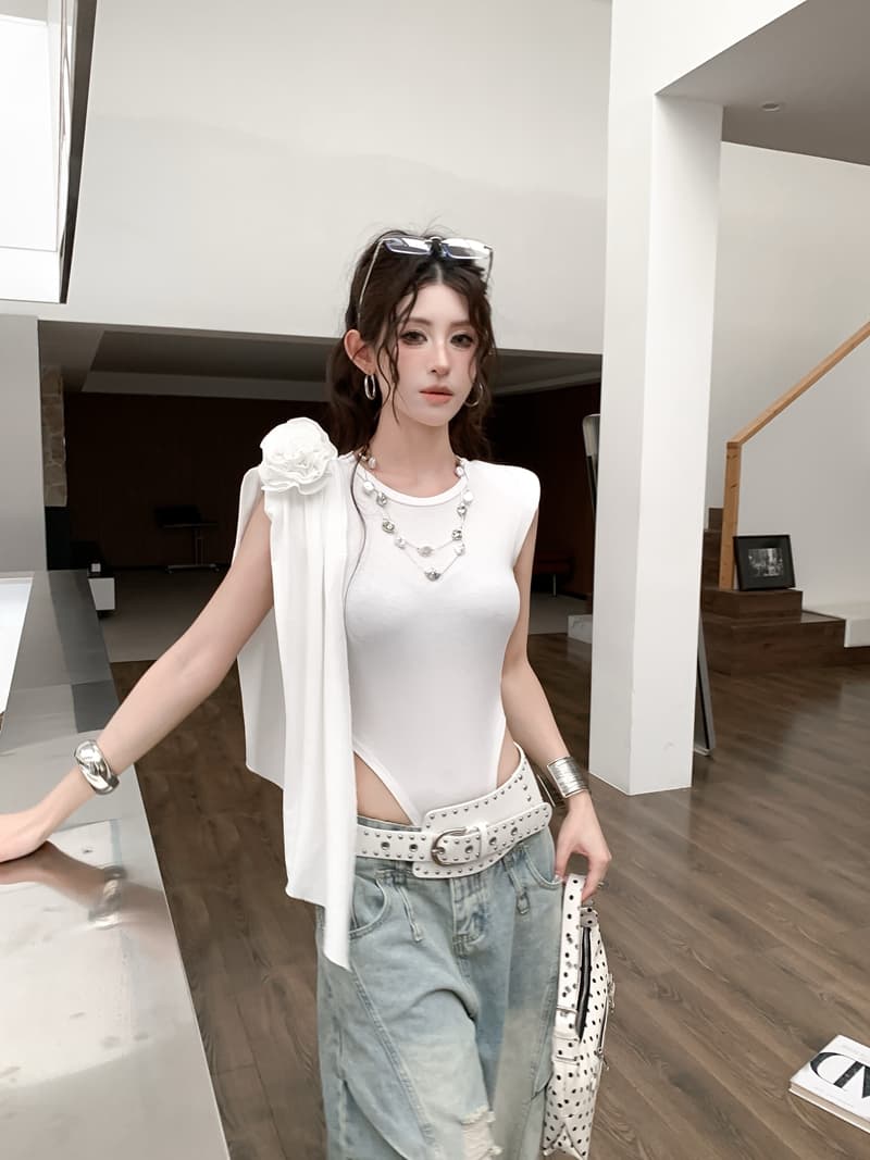 실사 정가 여름 jennie 같은 단락 3 차원 꽃 작은 대중 디자인 올인원 티셔츠 몸매 가꾸기 슬림해 보이는 맨위 상세 이미지 2