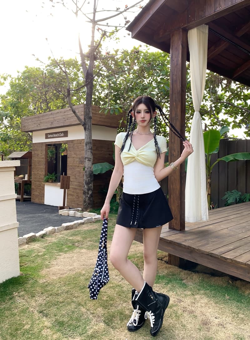실사 정가 아니요 바겐 세일 핫걸 페이크 레이어드 패치워크 배색 비틀림 반팔 티셔츠 디자인 센스 슬림해 보이는 맨위 상세 이미지 20