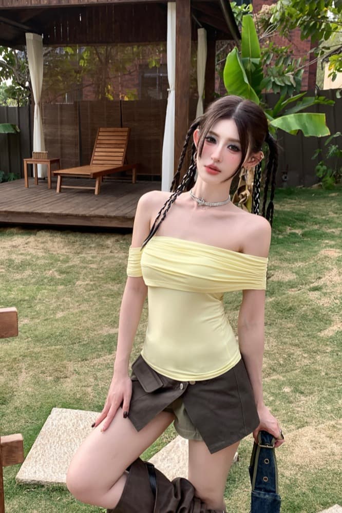 실사 정가 여름 순수한 욕망 핫걸 비스듬한 어깨 주름 보트넥 비틀림 비대칭 튜브탑 몸매 가꾸기 슬림해 보이는 맨위 이미지 6