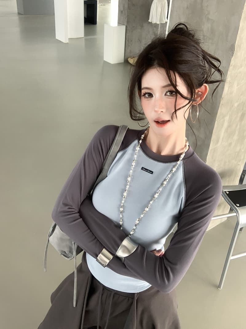 실사 정가 말하지 마라. 가을 아메리칸 레트로 배색 삽입 어깨 소매 라운드 넥 몸매 가꾸기 슬림해 보이는 긴팔 티셔츠 맨위 상세 이미지 26