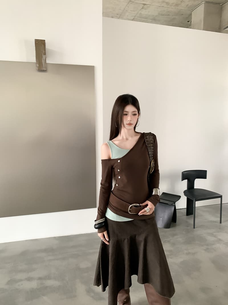 실사 정가 아니요 바겐 세일 가을 레트로 핫걸 배색 패치워크 페이크 레이어드 긴팔 티셔츠 오프숄더 몸매 가꾸기 맨위 상세 이미지 3