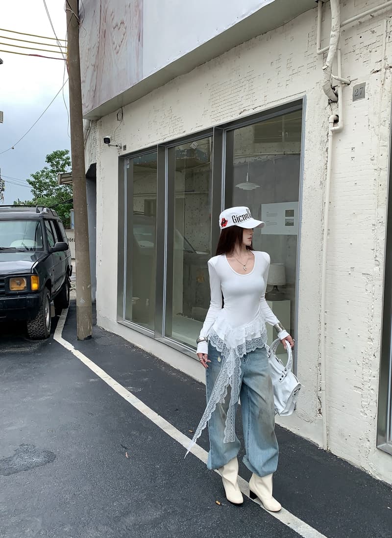 실사 정가 아니요 바겐 세일 가을 불규칙 레이스 리본 패치워크 레이스 u 칼라 긍정적 인 어깨 긴팔 티셔츠 맨위 상세 이미지 13