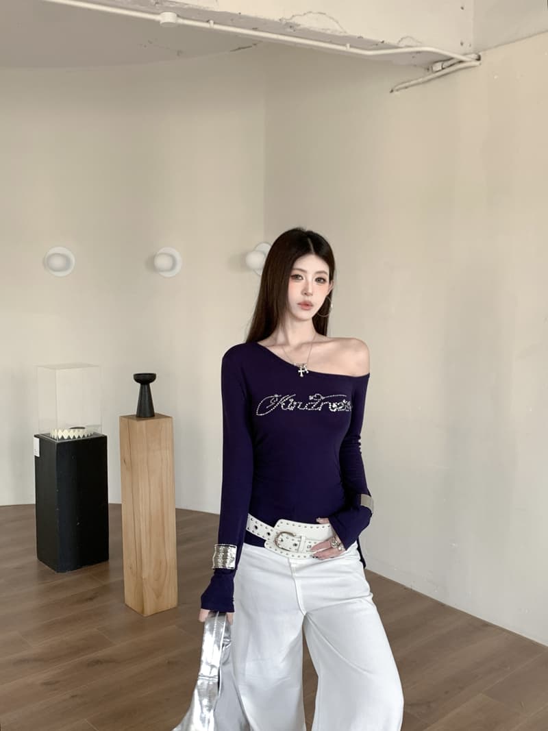 실사 정가 아니요 바겐 세일 가을 레트로 오프숄더 비스듬한 어깨 핫픽스 리본 긴팔 티셔츠 디자인 센스 몸매 가꾸기 맨위 상세 이미지 10