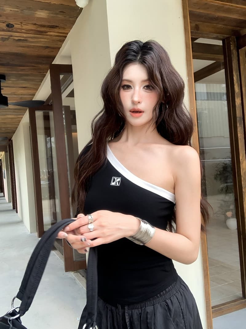 실사 정가 아니요 바겐 세일 핫걸 비대칭 숄더백 배색 긴팔 티셔츠 오프숄더 비스듬한 어깨 몸매 가꾸기 슬림해 보이는 맨위 상세 이미지 25