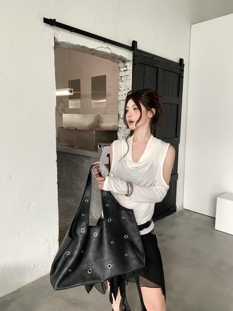 실사 정가 아니요 바겐 세일 가을 레트로 핫걸 흔들다 칼라 오프숄더 긴팔 티셔츠 디자인 센스 몸매 가꾸기 슬림해 보이는 맨위 상세 이미지 7