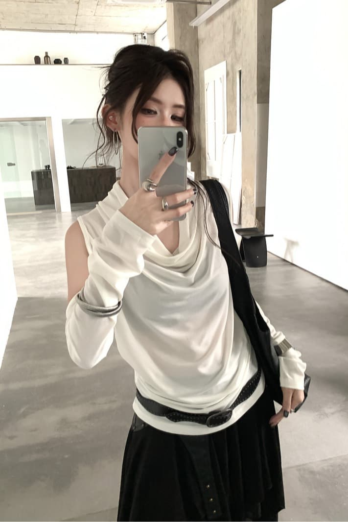 실사 정가 아니요 바겐 세일 가을 레트로 핫걸 흔들다 칼라 오프숄더 긴팔 티셔츠 디자인 센스 몸매 가꾸기 슬림해 보이는 맨위 이미지 5