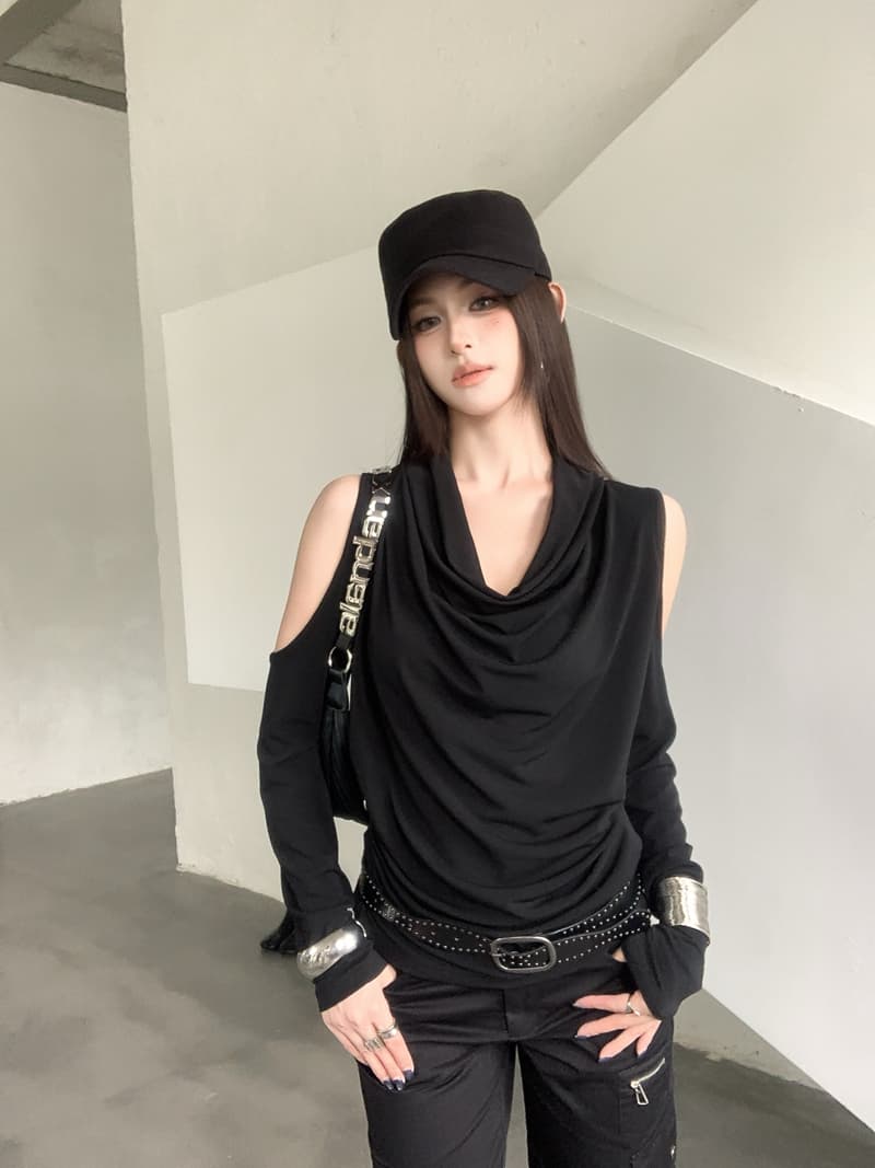 실사 정가 아니요 바겐 세일 가을 레트로 핫걸 흔들다 칼라 오프숄더 긴팔 티셔츠 디자인 센스 몸매 가꾸기 슬림해 보이는 맨위 상세 이미지 17