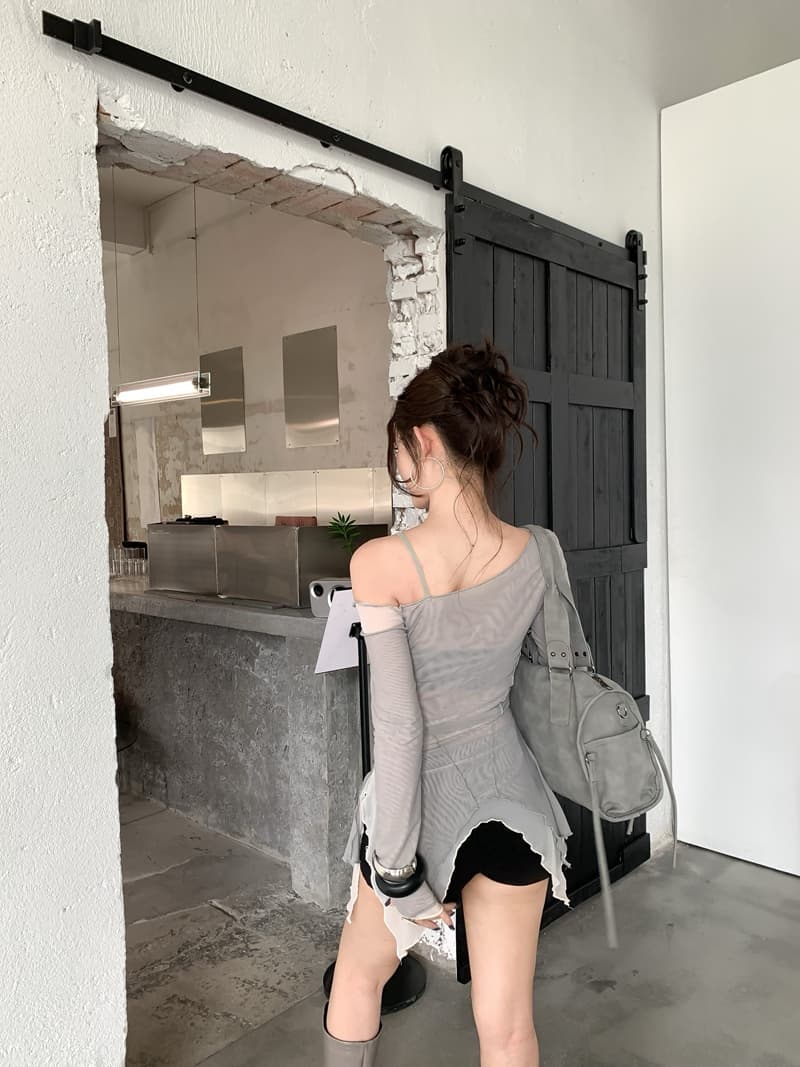 실사 정가 아니요 바겐 세일 가을 레트로 핫걸 비대칭 패치워크 배색 망사 비스듬한 어깨 오프숄더 긴팔 맨위 상세 이미지 24