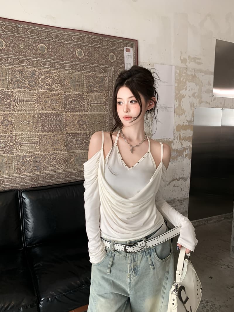 실사 정가 아니요 바겐 세일 가을 레트로 징 행침 목 흔들다 칼라 오프숄더 페이크 레이어드 긴팔 티셔츠 몸매 가꾸기 맨위 이미지 4
