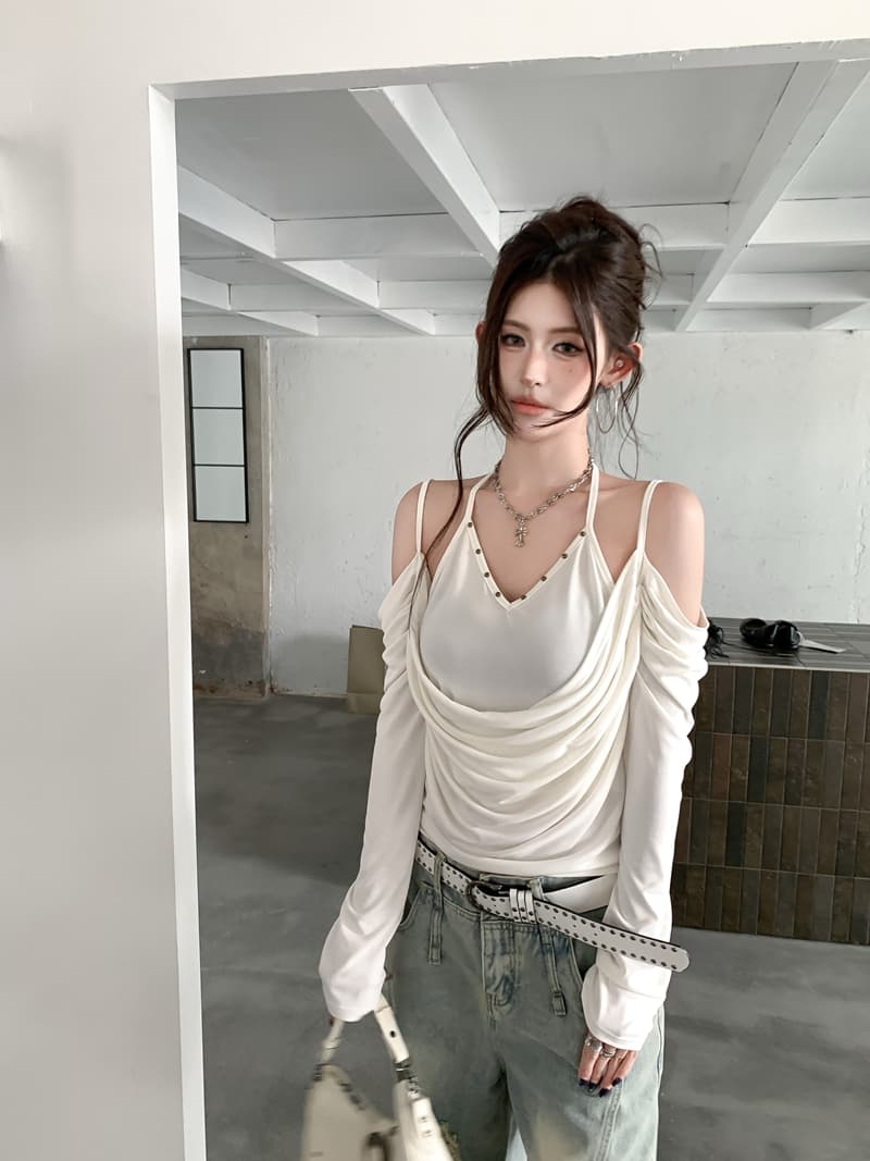 실사 정가 아니요 바겐 세일 가을 레트로 징 행침 목 흔들다 칼라 오프숄더 페이크 레이어드 긴팔 티셔츠 몸매 가꾸기 맨위 상세 이미지 17