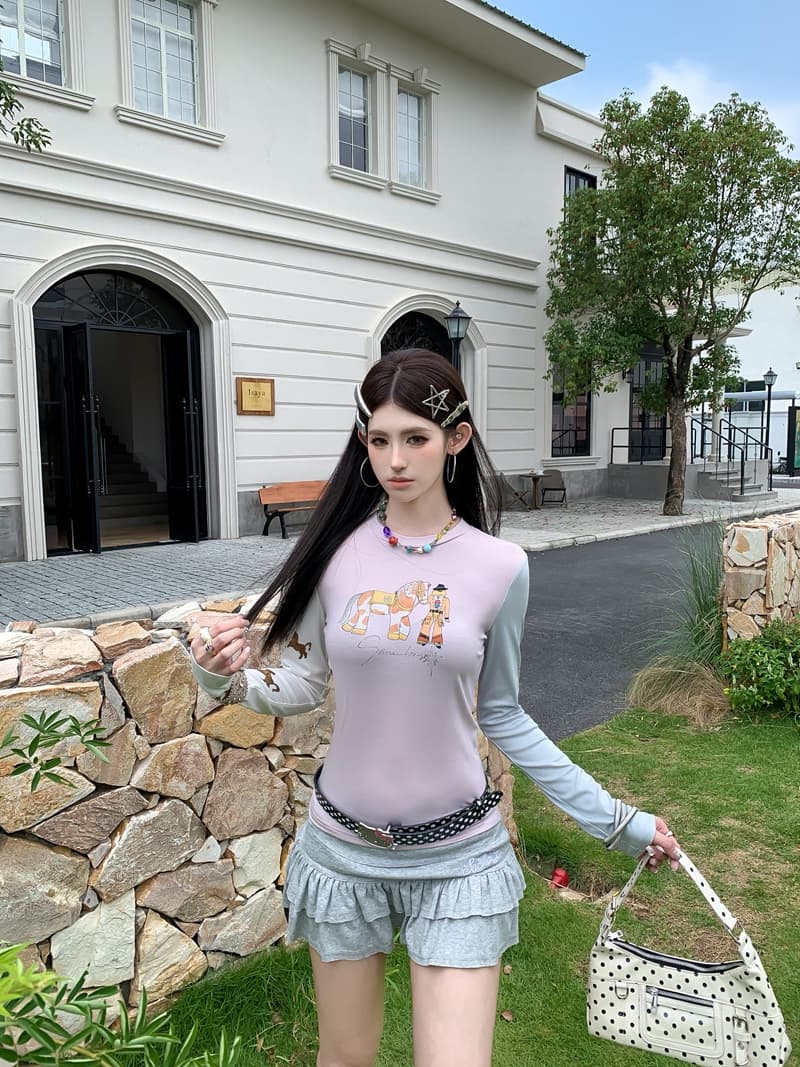 실사 정가 아니요 바겐 세일 가을 레트로 프린트 라운드 넥 패치워크 배색 긴팔 티셔츠 몸매 가꾸기 슬림해 보이는 세련된 맨위 상세 이미지 9