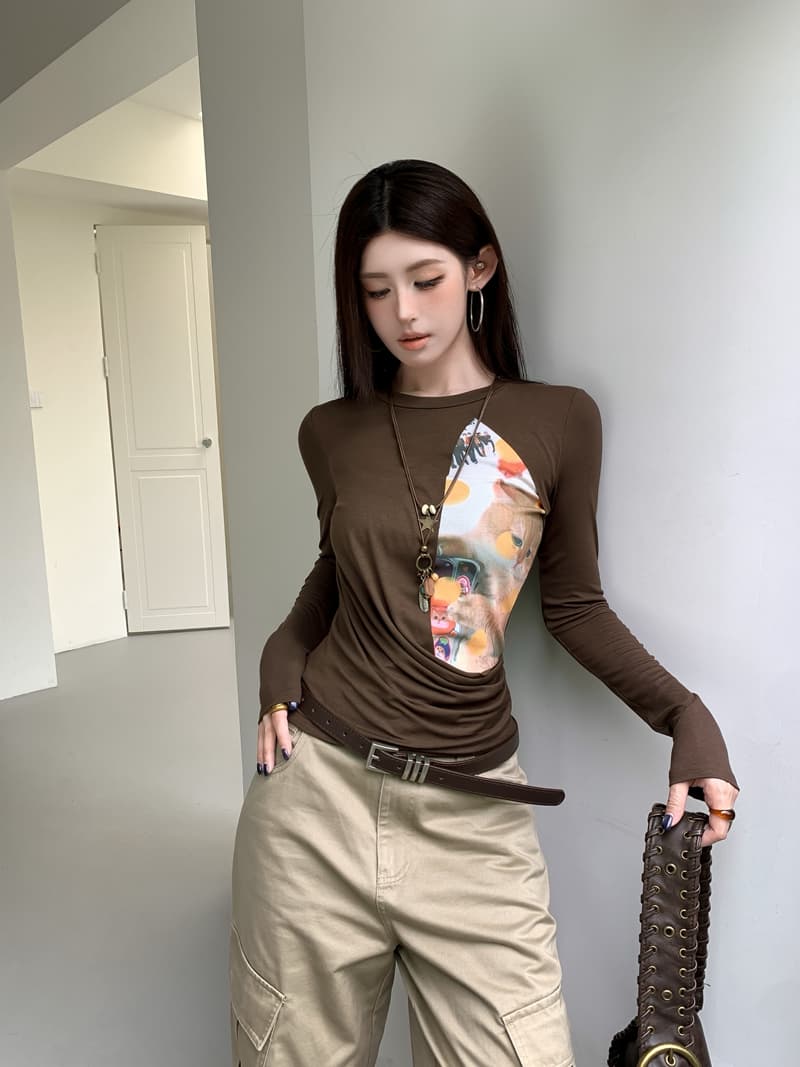 실사 정가 아니요 바겐 세일 가을 레트로 고양이 프린트 패치워크 페이크 레이어드 라운드 넥 긴팔 티셔츠 몸매 가꾸기 맨위 상세 이미지 8