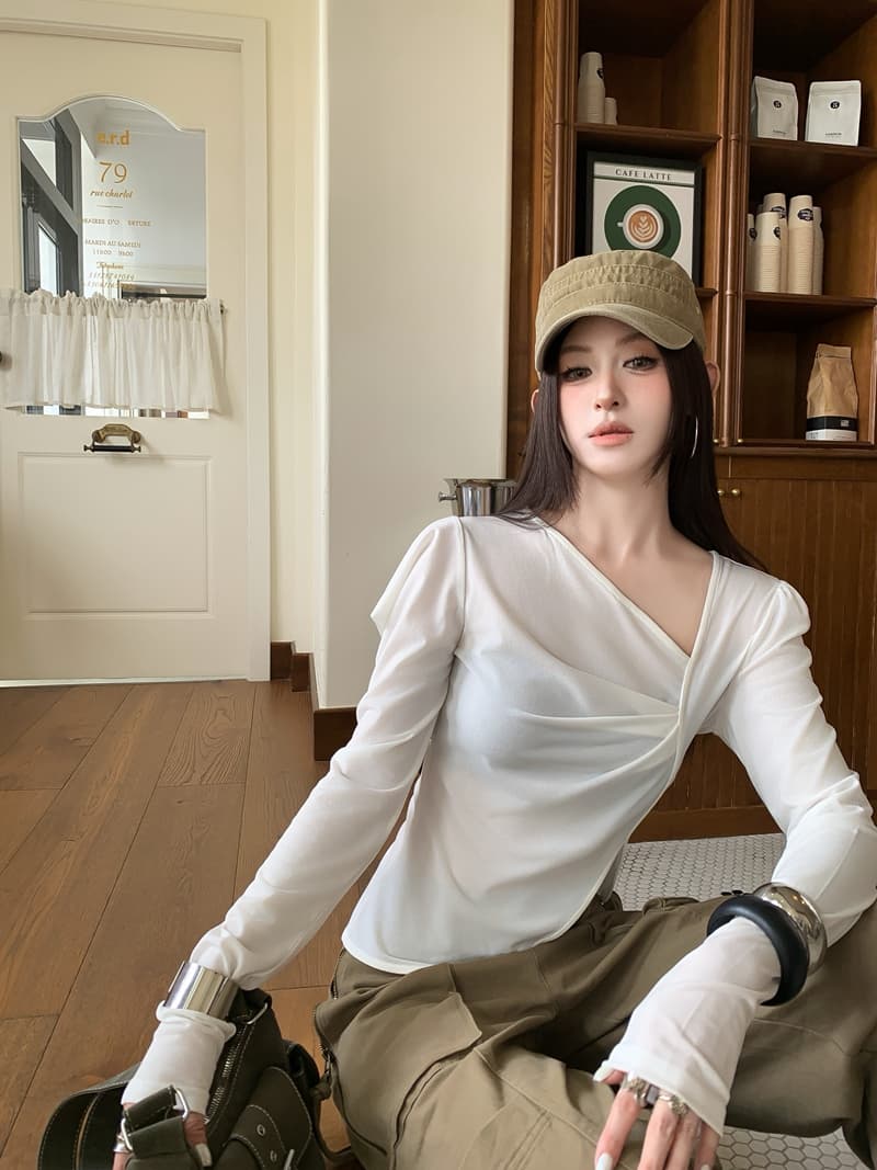 실사 정가 아니요 바겐 세일 레트로 핫걸 불규칙 소매 비스듬한 칼라 긴팔 쇼트 스타일 티셔츠 몸매 가꾸기 비대칭 맨위 상세 이미지 13
