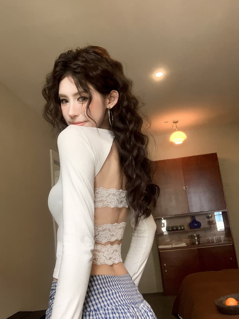 실사 정가 아니요 바겐 세일 핫걸 아름다움 뒤로 백리스 홀로우 아웃 패치워크 레이스 긴팔 티셔츠 타이트 허리 수축 맨위 상세 이미지 1