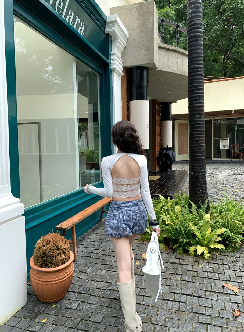 실사 정가 아니요 바겐 세일 핫걸 아름다움 뒤로 백리스 홀로우 아웃 패치워크 레이스 긴팔 티셔츠 타이트 허리 수축 맨위 상세 이미지 12