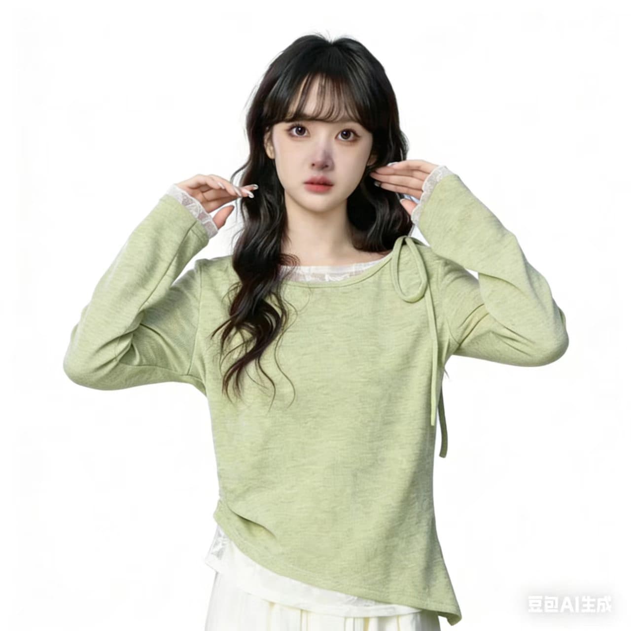 녹색 페이크 레이어드 긴팔 티셔츠 여성 봄 가을 2026 봄 계절 새로운 디자인 센스 불규칙 레이스 조각 맨위 이미지 5