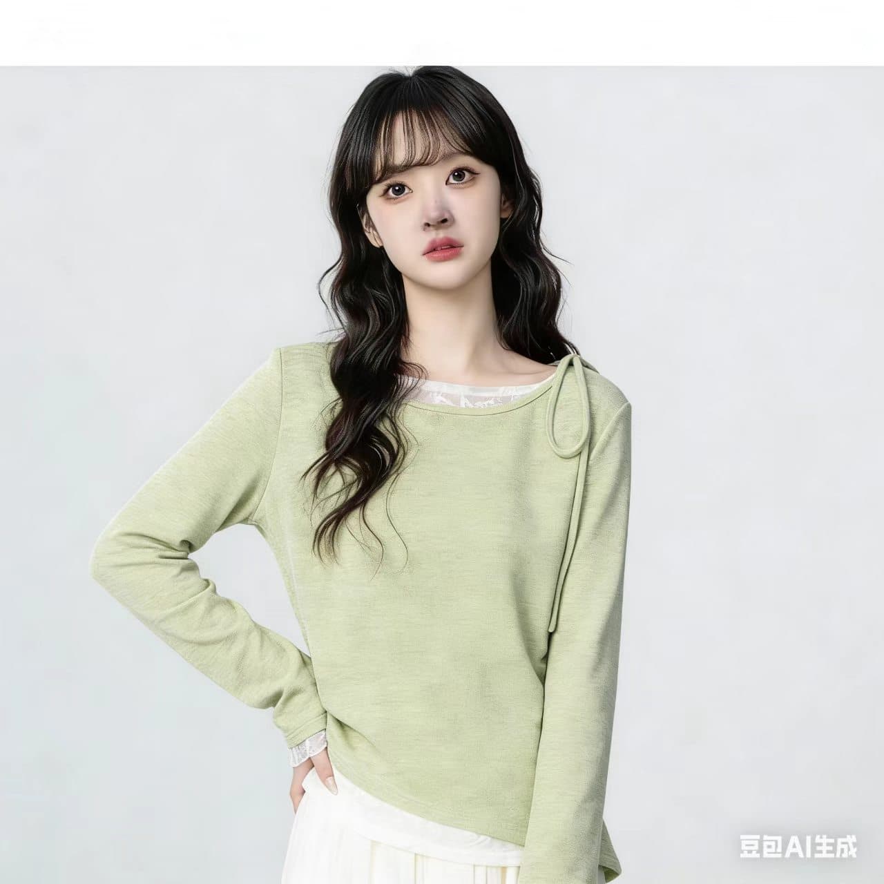 녹색 페이크 레이어드 긴팔 티셔츠 여성 봄 가을 2026 봄 계절 새로운 디자인 센스 불규칙 레이스 조각 맨위 이미지 2