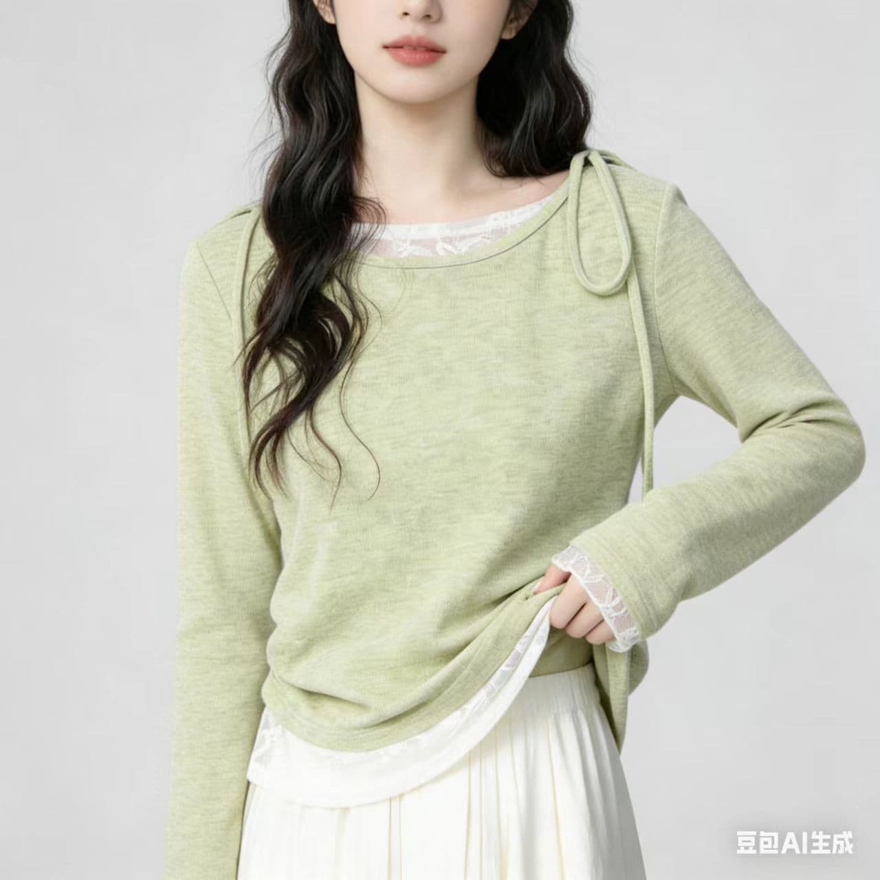 녹색 페이크 레이어드 긴팔 티셔츠 여성 봄 가을 2026 봄 계절 새로운 디자인 센스 불규칙 레이스 조각 맨위 상세 이미지 1