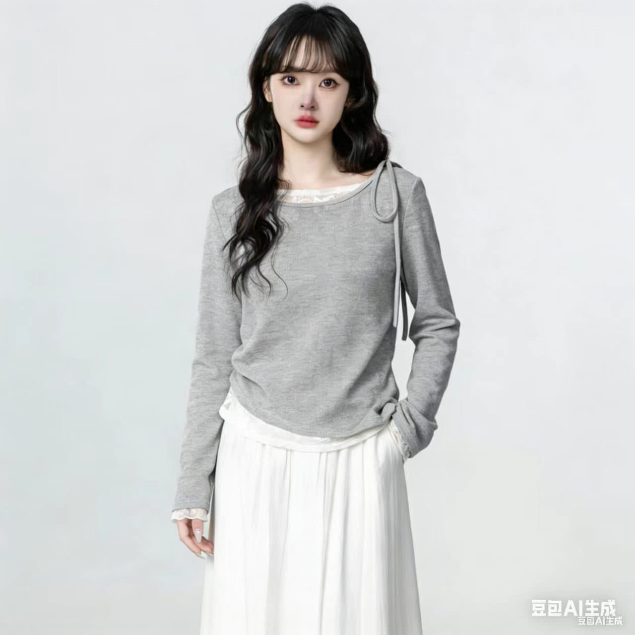 녹색 페이크 레이어드 긴팔 티셔츠 여성 봄 가을 2026 봄 계절 새로운 디자인 센스 불규칙 레이스 조각 맨위 상세 이미지 2