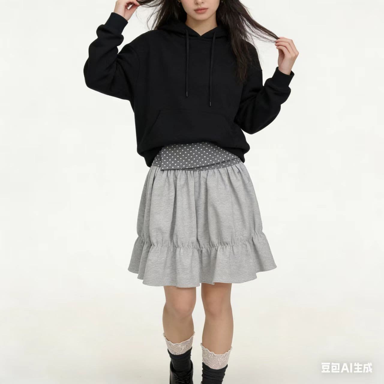 wwfs 도트 무늬 하이웨이스트 머리 펌프 Pleat 미니 스커트 숙녀 바람 회색 반신 스커트 여성 패치워크 디자인 A라인 스커트 슬림해 보이는 이미지 4