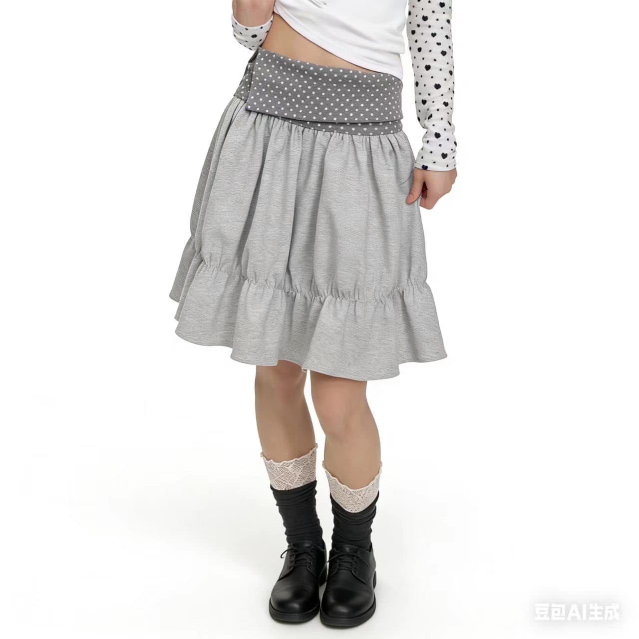 wwfs 도트 무늬 하이웨이스트 머리 펌프 Pleat 미니 스커트 숙녀 바람 회색 반신 스커트 여성 패치워크 디자인 A라인 스커트 슬림해 보이는 상세 이미지 3