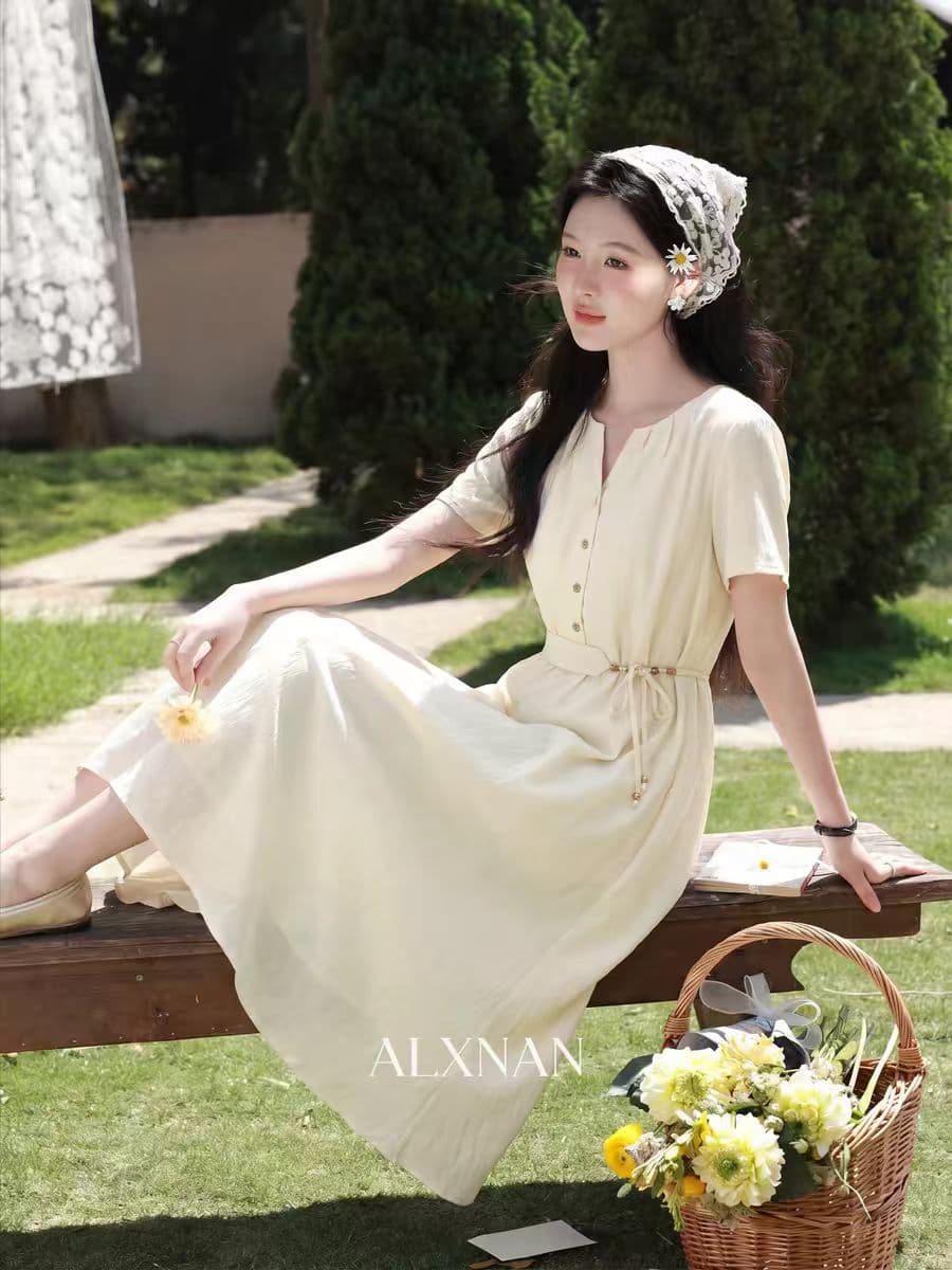 웨이 웨이 보여주기 해풍 신음 프랑스식 품격 황색 반팔 여성 드레스 여름 작은 키 허리 수축 롱 스커트 상세 이미지 1