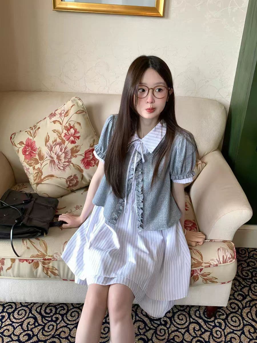 mucha 나무 차 따뜻한 면 일기 달콤함 학원 스타일 페이크 레이어드 스트라이프 셔츠 드레스 여성 베이비 칼라 드레스