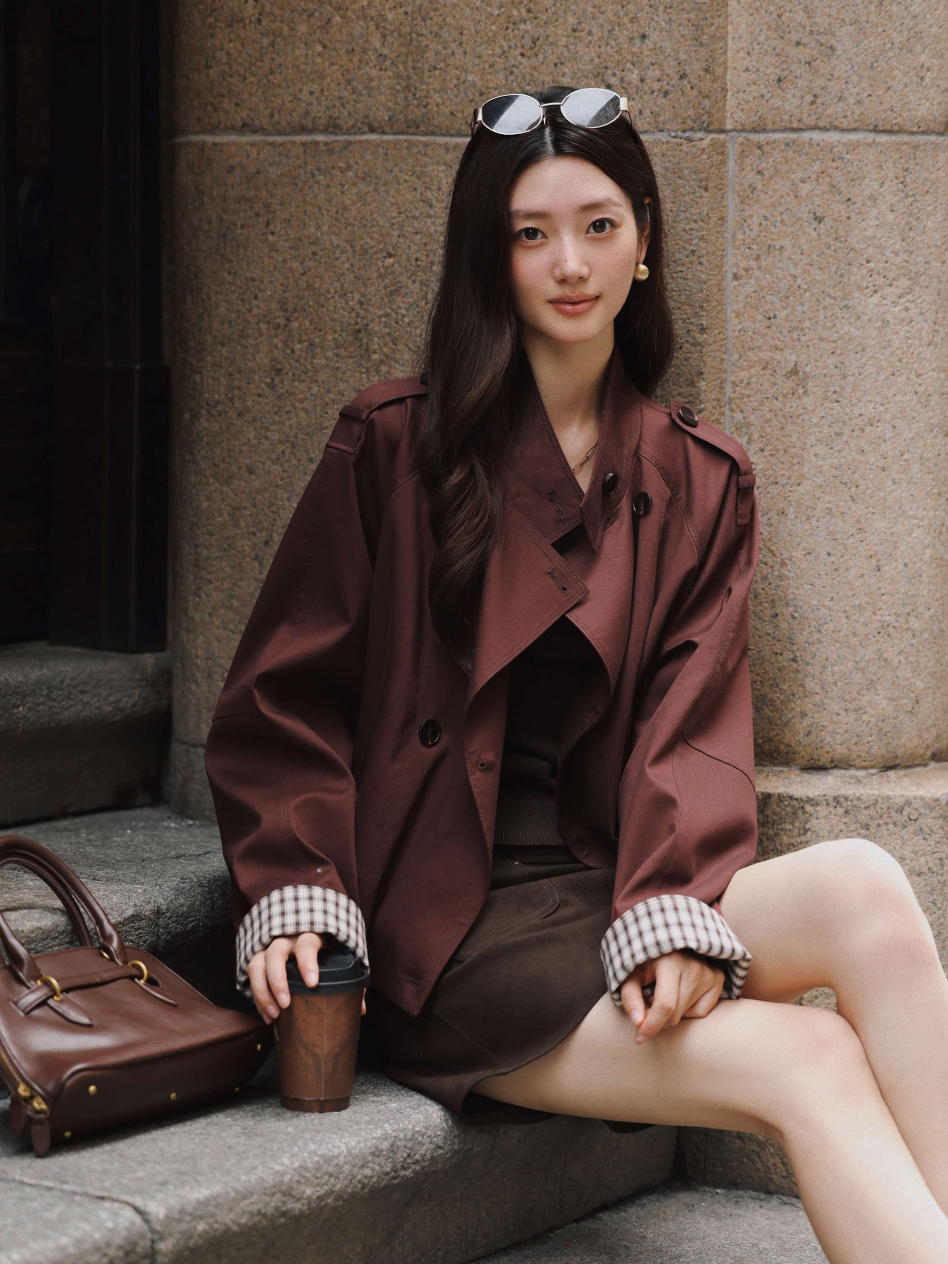 헨리 바람막이 사선 무늬 라이 경기 서울 면 스탠드 칼라 이중 버튼 레트로 체크무늬 소매 꽃밭 짧은 재킷 재킷 이미지 2