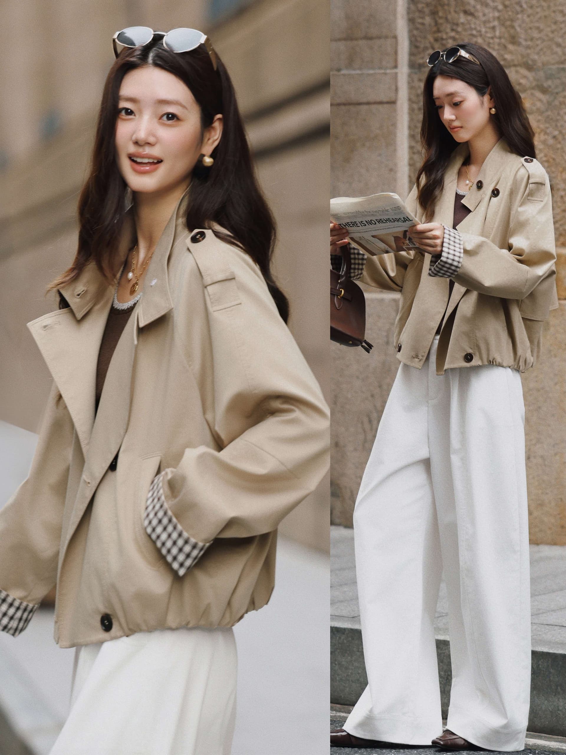 헨리 바람막이 사선 무늬 라이 경기 서울 면 스탠드 칼라 이중 버튼 레트로 체크무늬 소매 꽃밭 짧은 재킷 재킷 상세 이미지 1