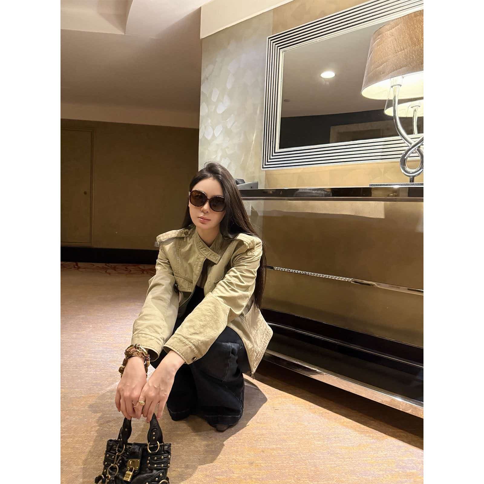주 淼 zhoumiao 아메리칸 vtg 니켈 맛 레트로 마 오래된 오토바이 짧은 여성 코트 스탠드 칼라 워크웨어 재킷