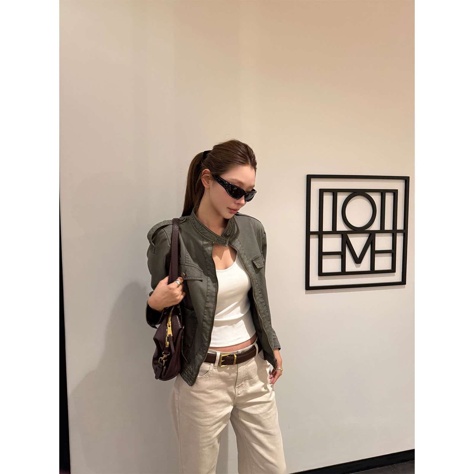 주 淼 zhoumiao 아메리칸 vtg 니켈 맛 레트로 마 오래된 오토바이 짧은 여성 코트 스탠드 칼라 워크웨어 재킷 이미지 3